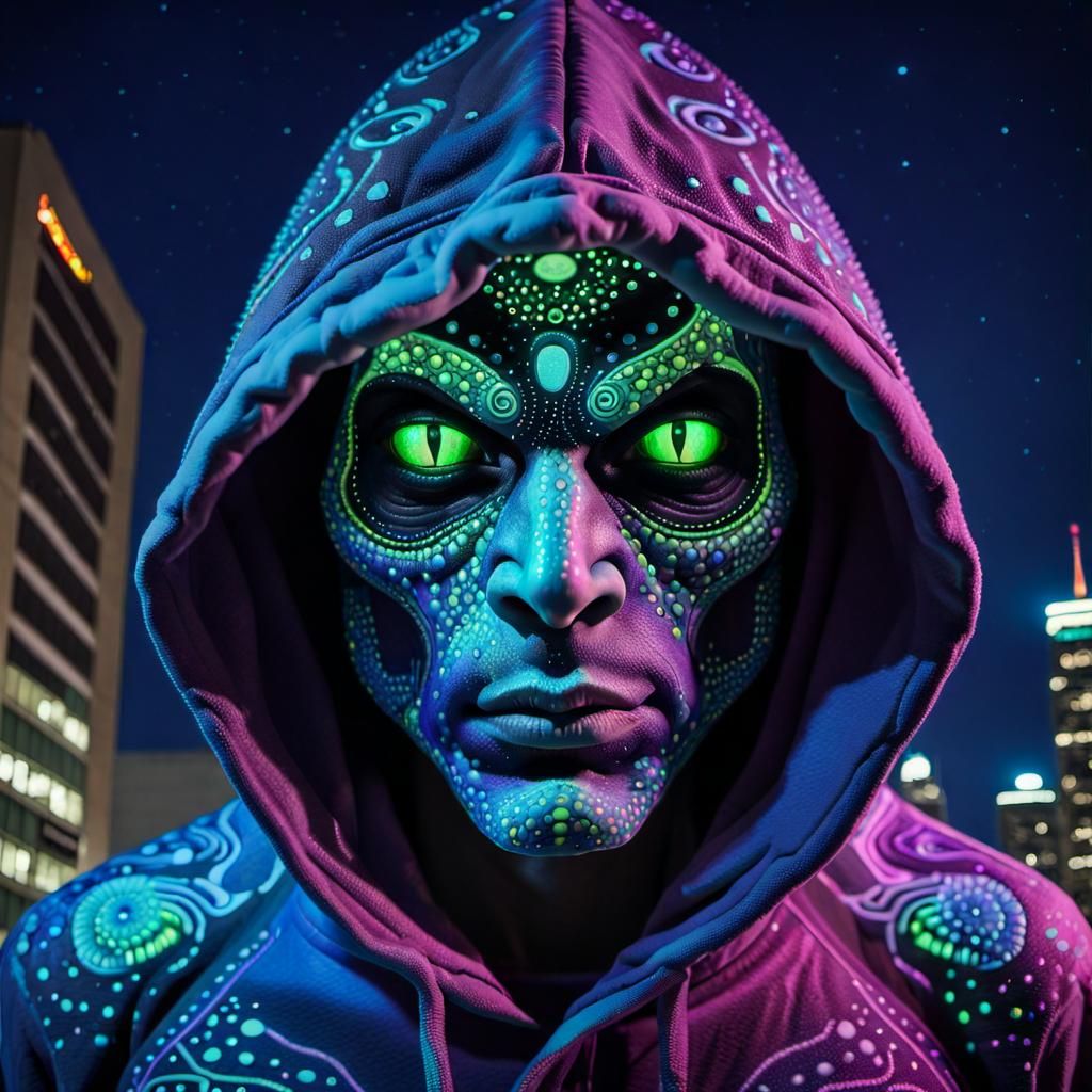 Alien Mural on Skyscraper in Pointillism Style