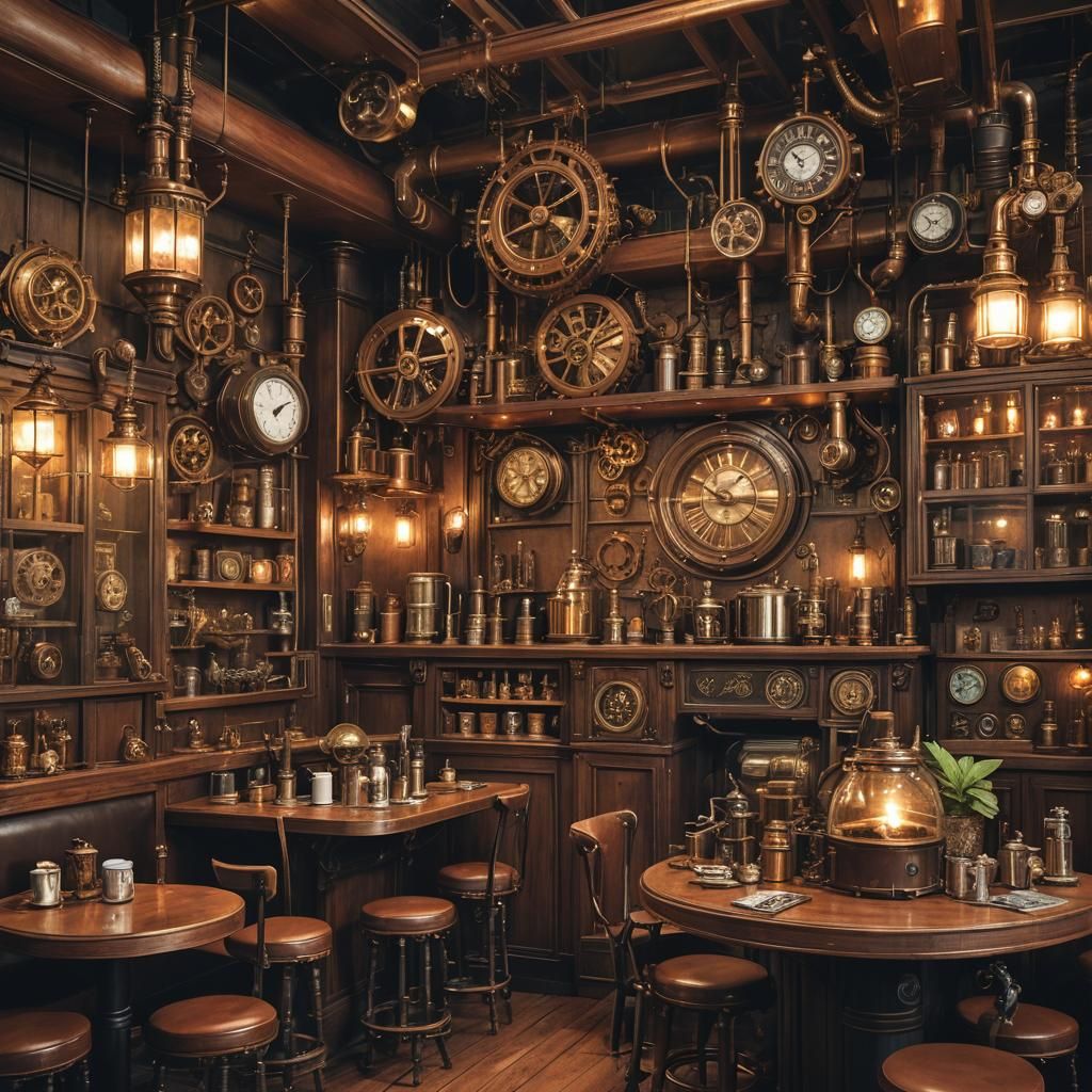 Steampunk Vivarium: Dim Cafe with Shimmering Drink