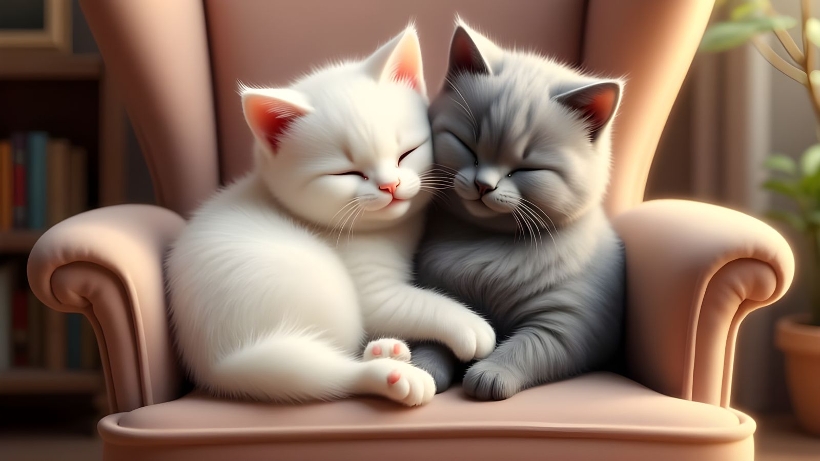 Two Fluffy Cats Cuddling in Hyper-Realistic Painting
