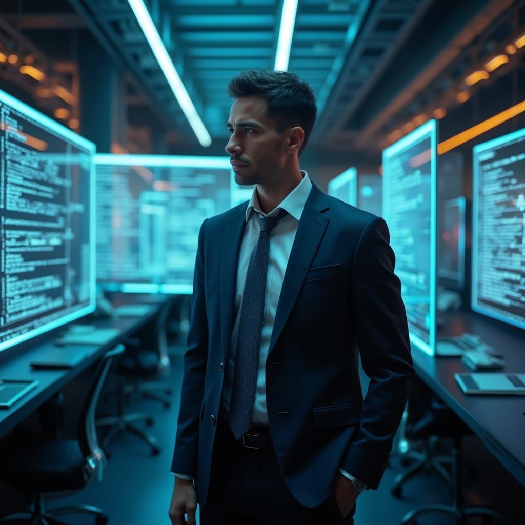 Futuristic Businessman Embodying AI Integration in Cutting-E...