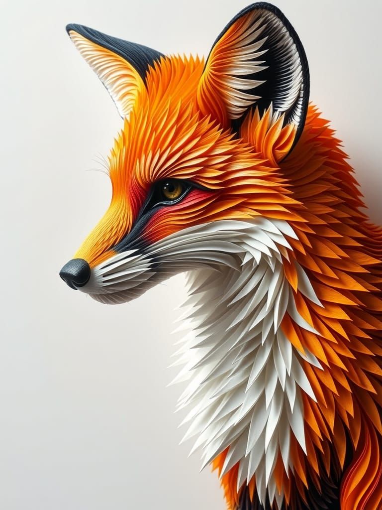 Hyperrealistic Paper Quilling Fox in Trompe-l'oeil Style