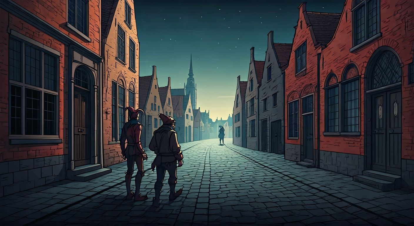 Surreal Flemish Village Twilight in Ligne Claire Style
