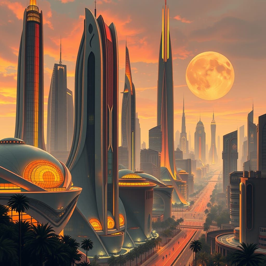 Utopian City with Art Deco and Art Nouveau Influences