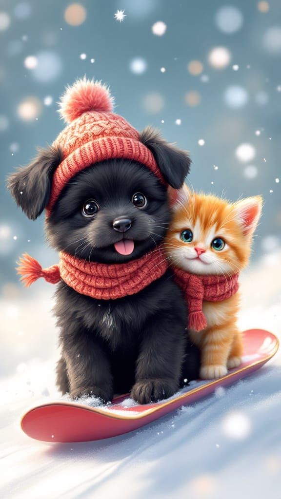 Adorable Puppy and Kitten Snowboarding in Winter Wonderland