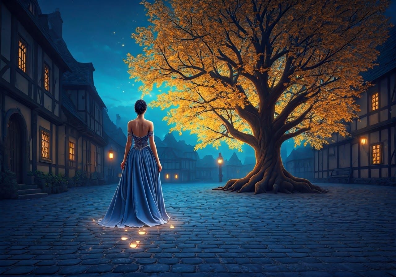 Mystical Village Square at Dusk: Ethereal Ambiance