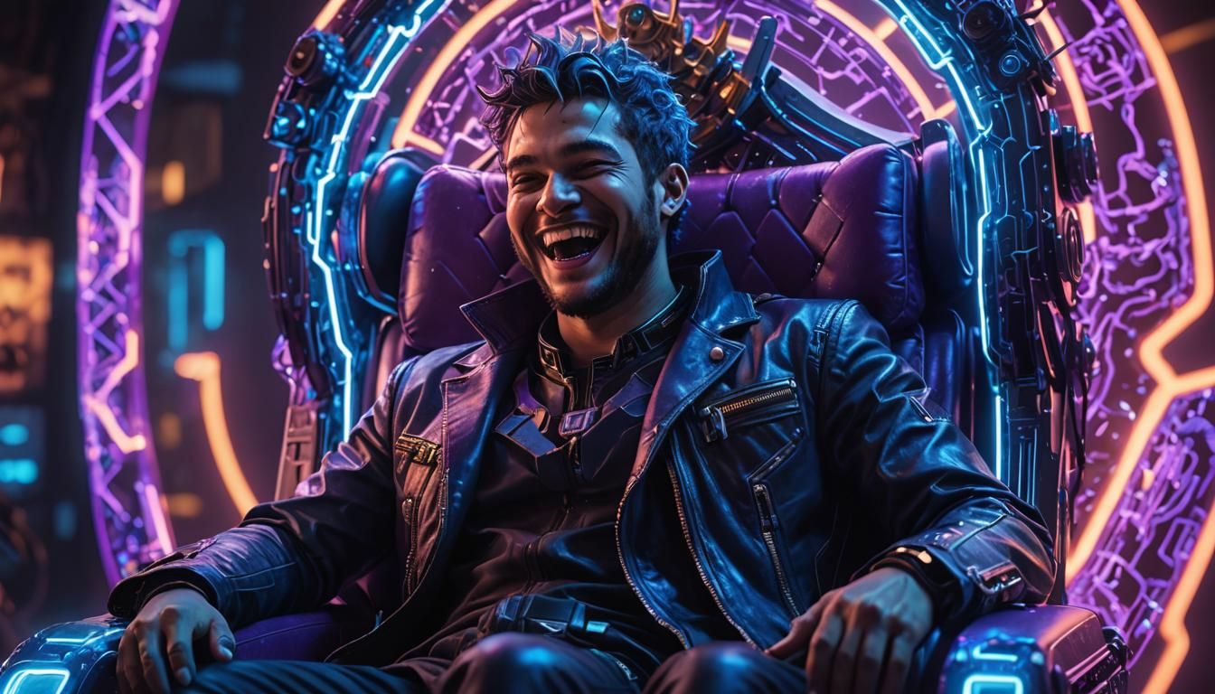Laughing Boy God on Techno Throne in Digital Art