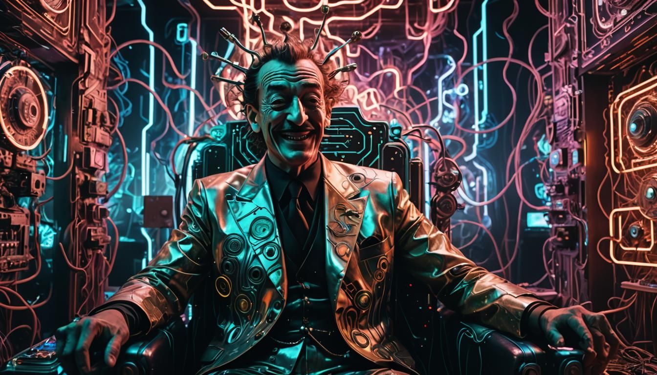 Jokester God Laughing in Surreal Cyberpunk Throne