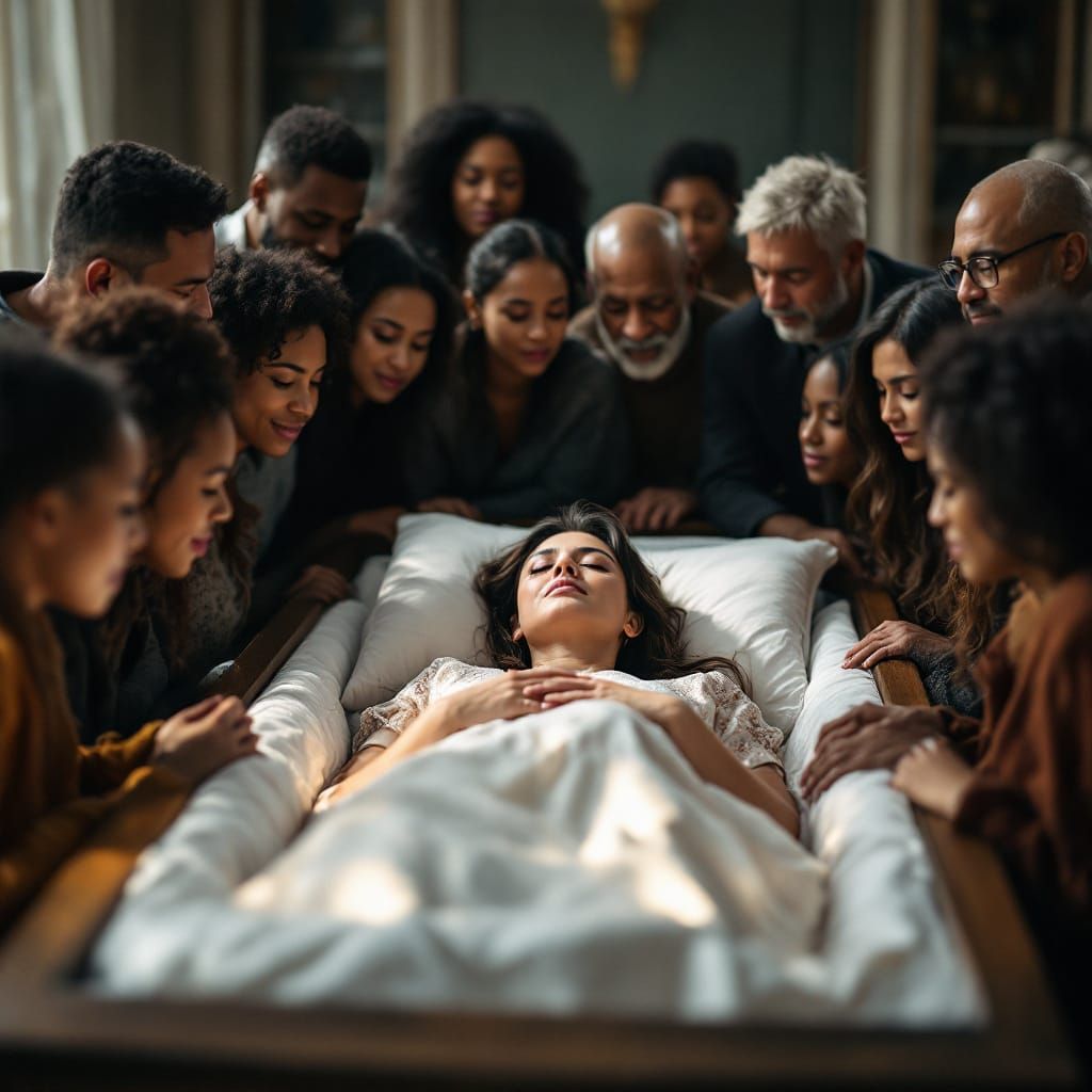 Sorrowful Loved Ones Mourn Woman in Casket