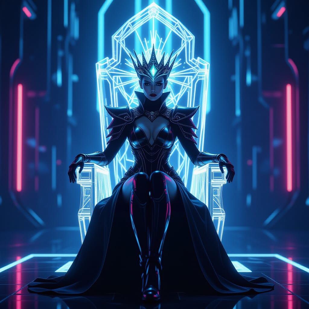 Futuristic Royal in Light Crown Sits on Luminous Throne