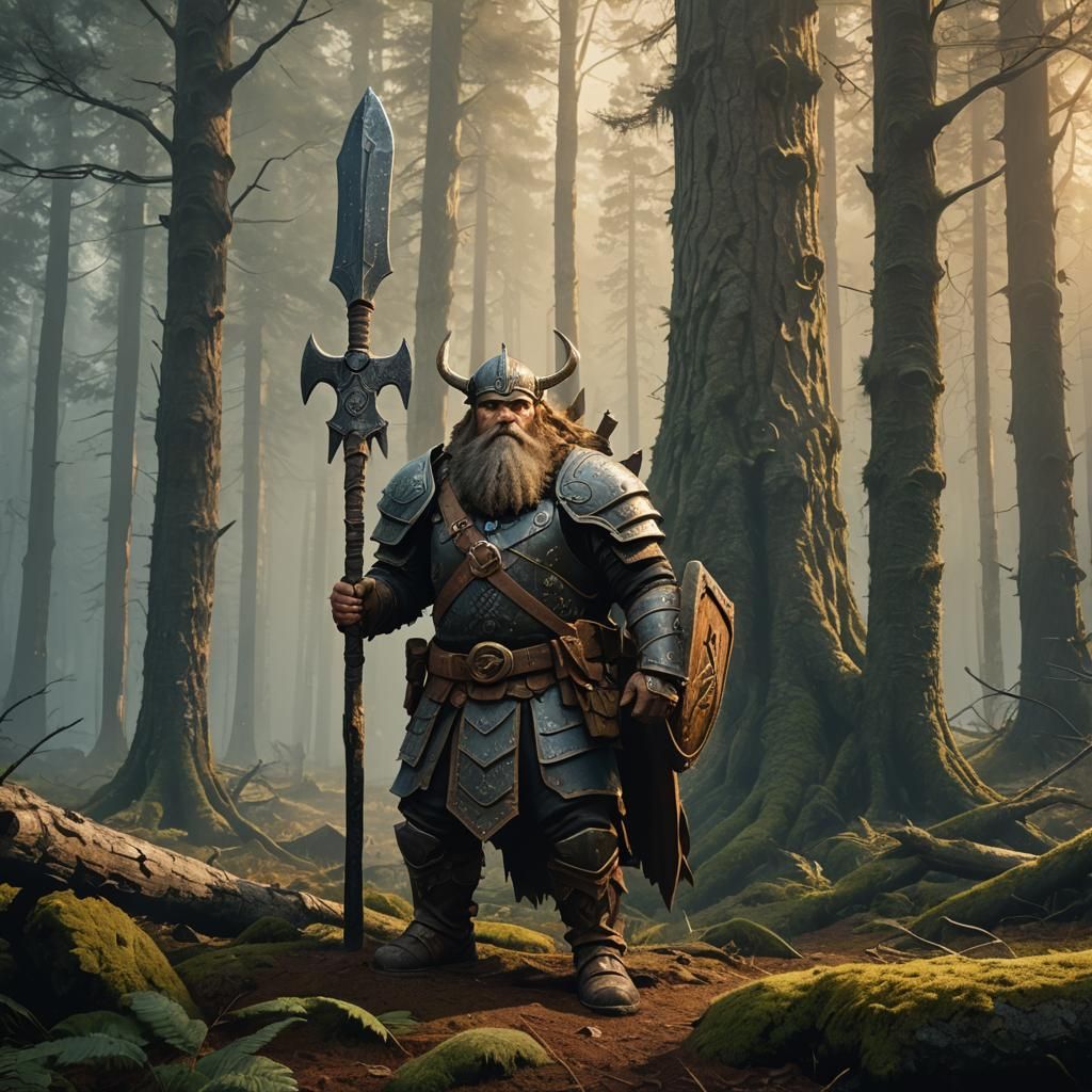Dwarf Warrior in Mystical Forest, Fantasy Realism