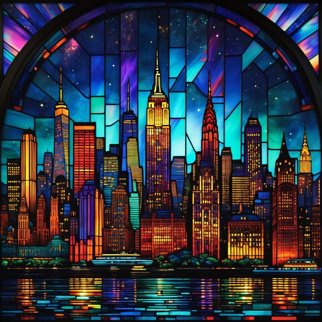 New York City Skyline in Stained Glass Style
