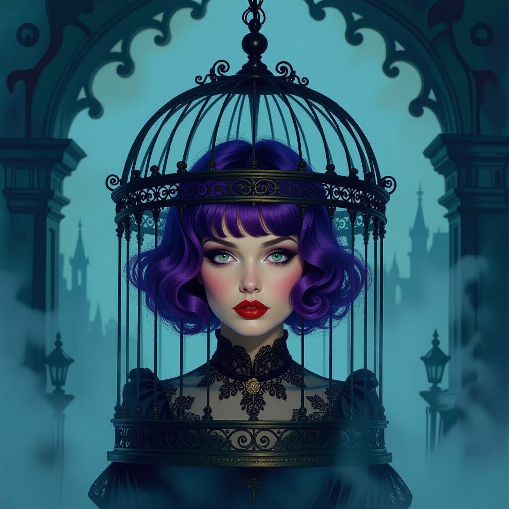 Surreal Woman in Ornate Birdcage, Alcohol Ink Style