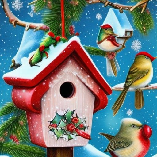 Winter Birdhouses in Snowy Garden, Surrealist Style
