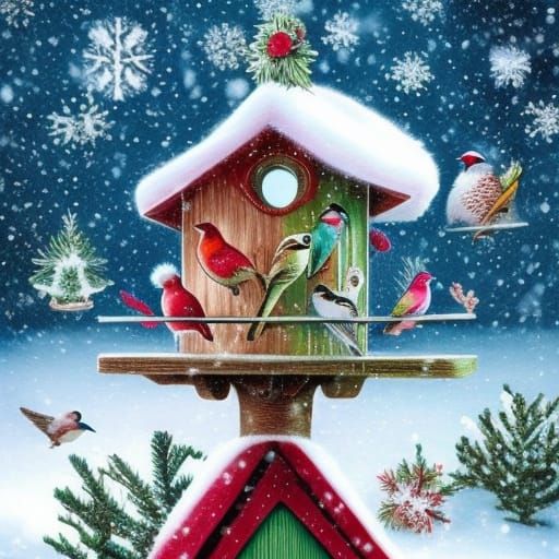 Winter Birdhouses in Snowy Garden