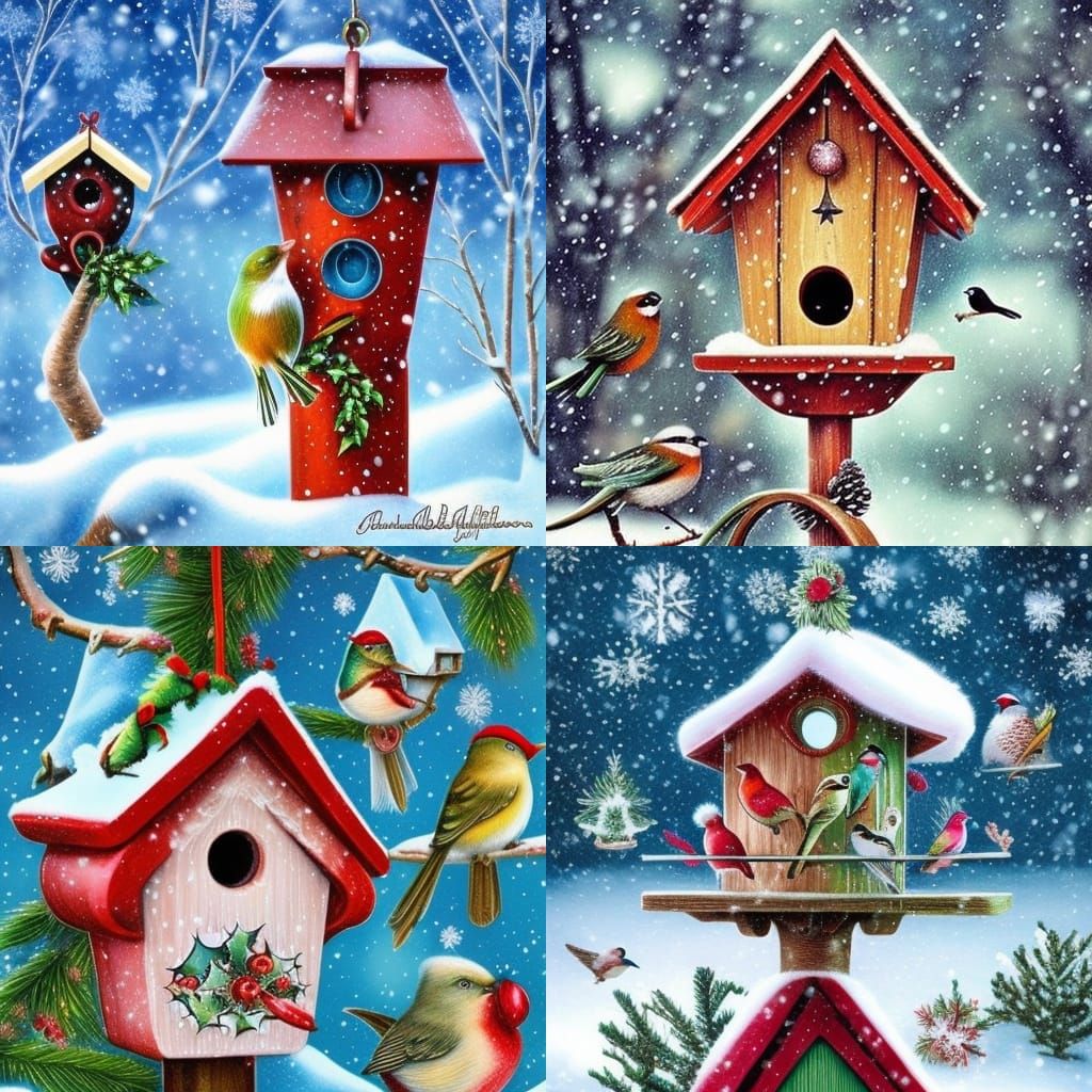 Winter Birdhouses in Snowy Garden Setting