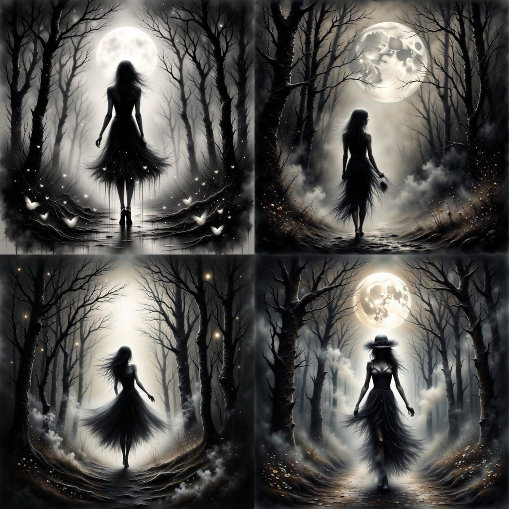 Mysterious Woman in Smoky Forest Under Full Moon