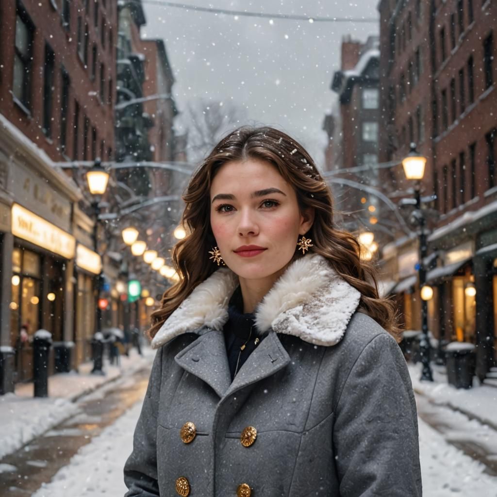 Woman in Snowy City Street with Fur Coat