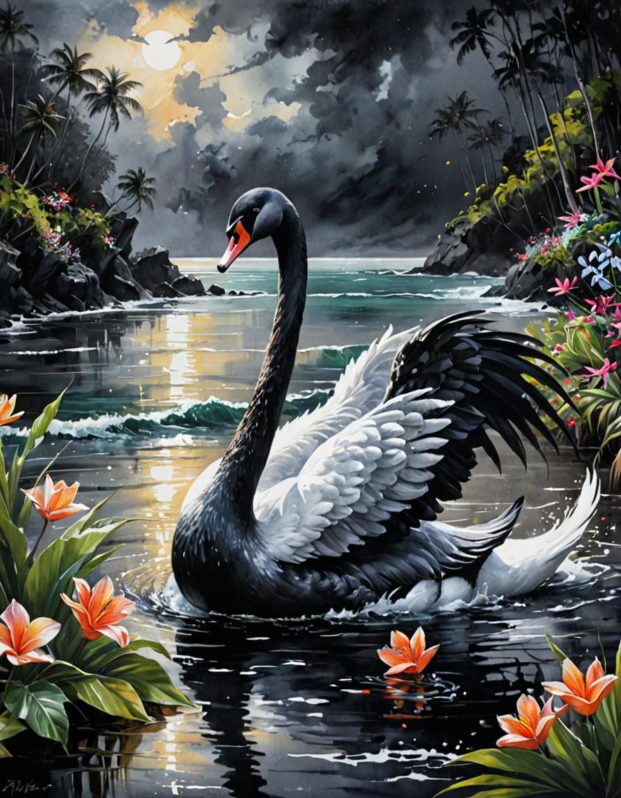 Dramatic Black Swan in Moody Watercolor Landscape