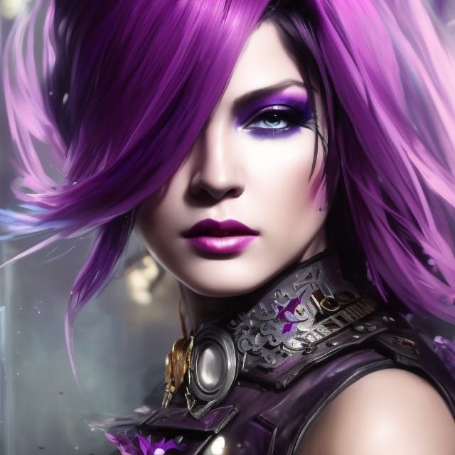 Steampunk Punk Girl with Purple Hair in Cyberpunk City