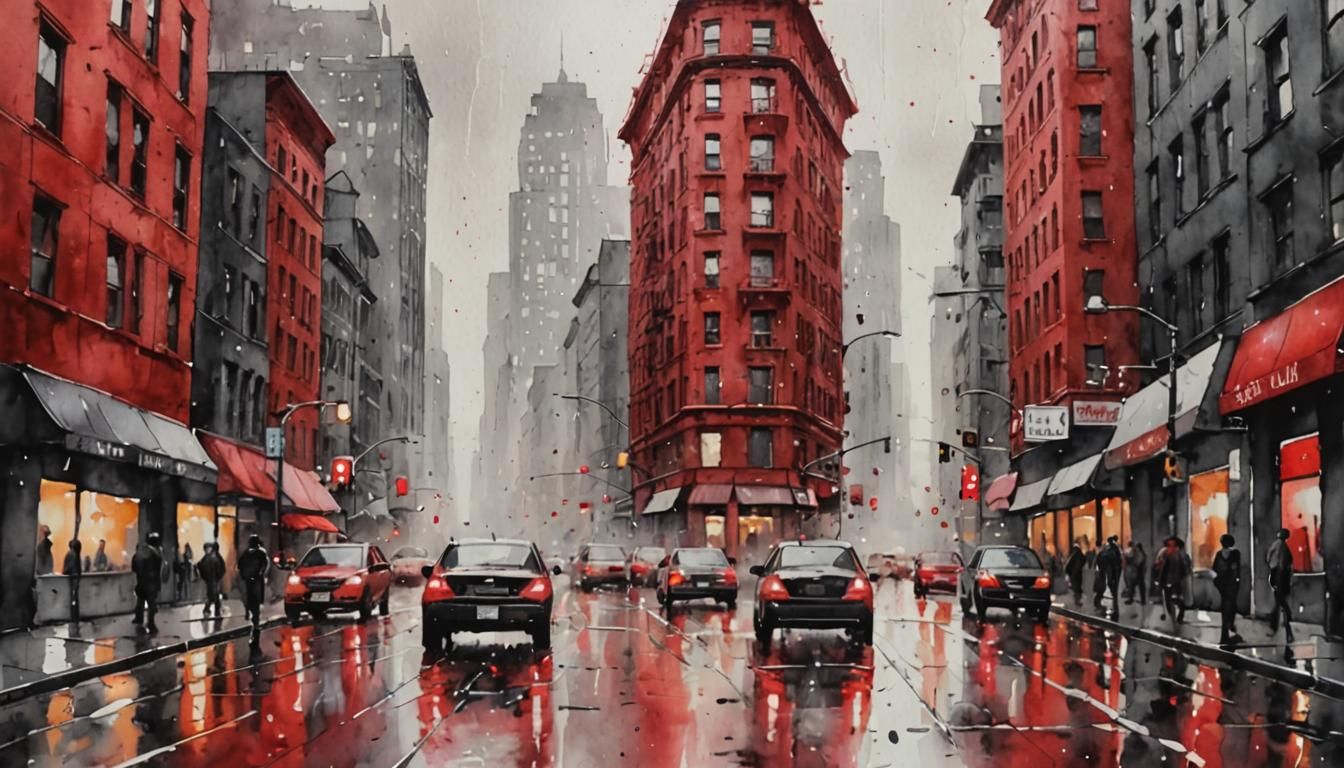 Monochromatic rainy city-scape, shades of red :: watercolor, wet paint, vague faces