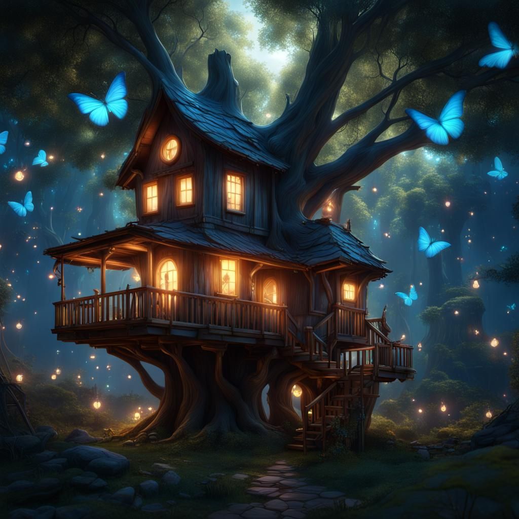 Treehouse Community with Fireflies: Matte Painting