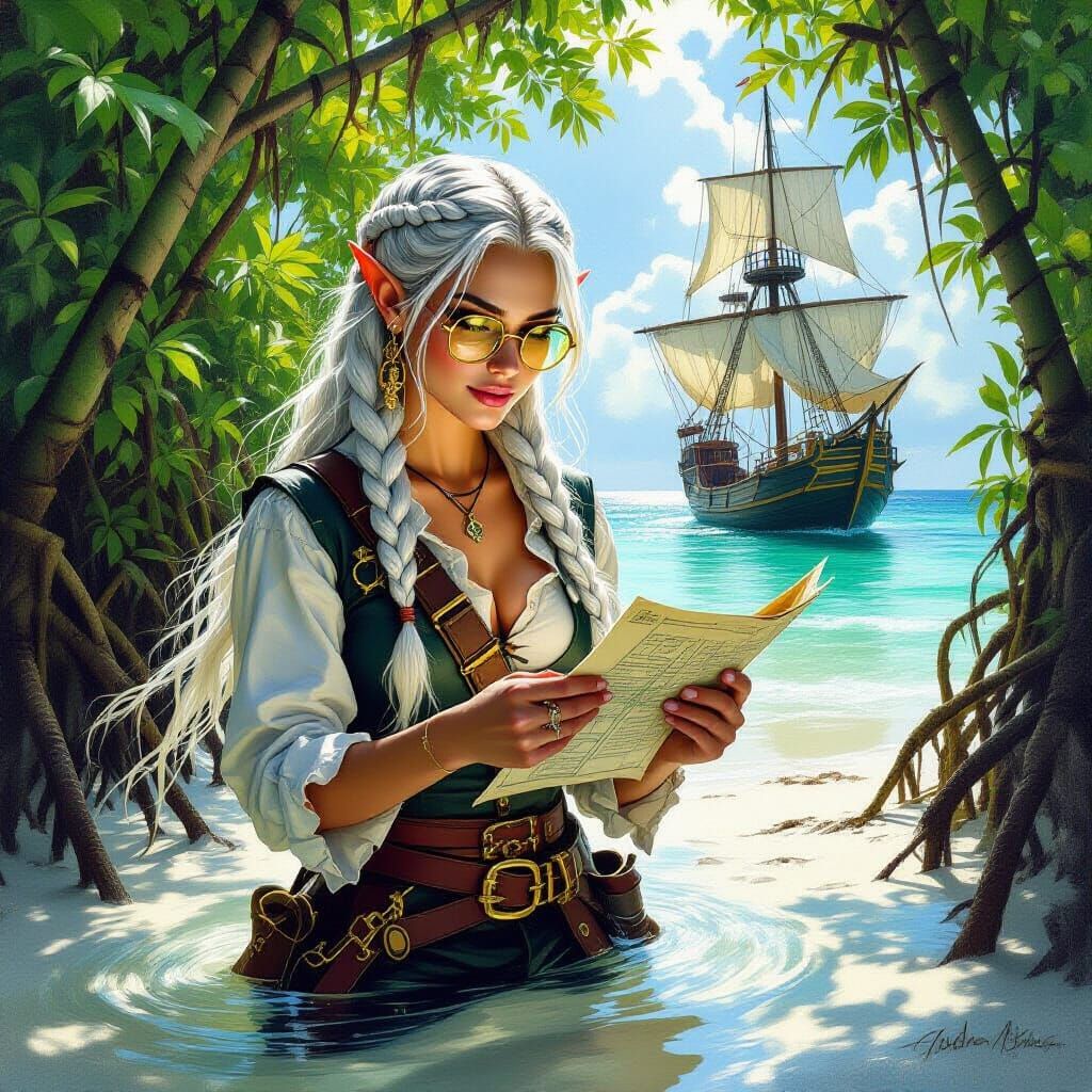 Elf Explorer Navigates Mangrove Forest in Fantasy Oil Painti...