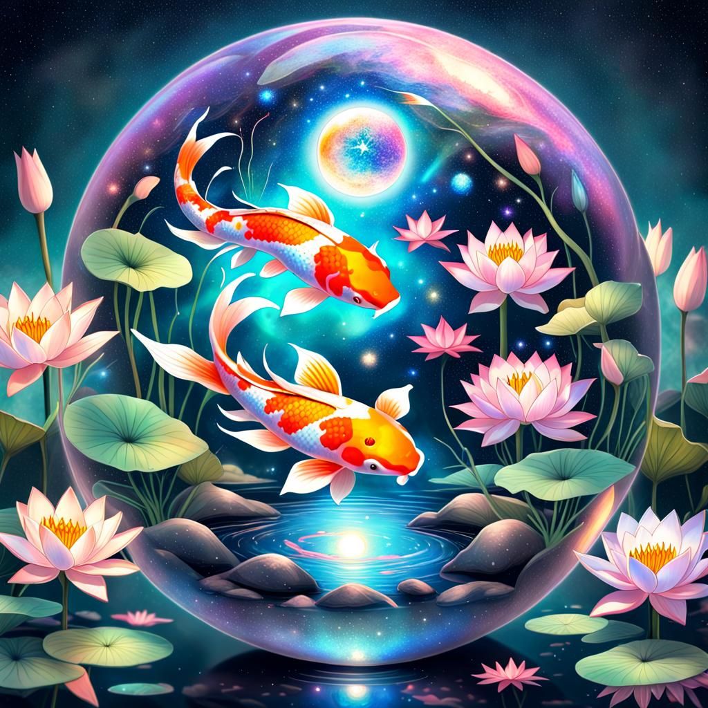 Koi and Lotus in Starry Glass Orb