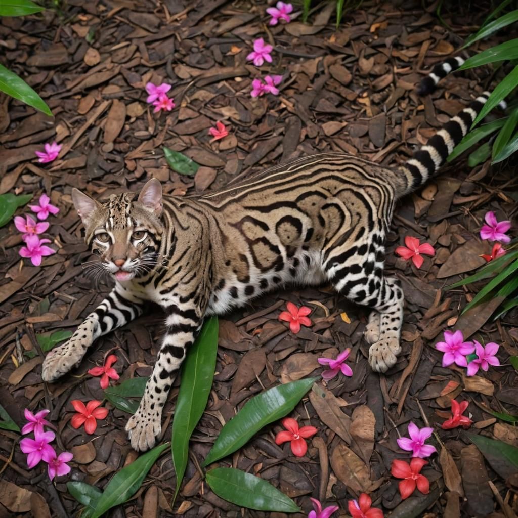 Ocelot in Full Bloom Tropical Rainforest