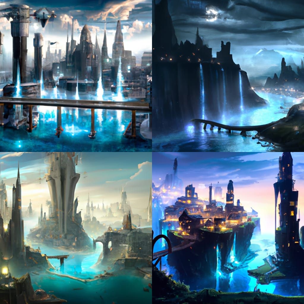 Fantasy Capital City by Waterfall in Digital Painting