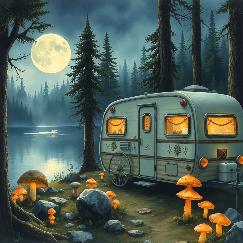Arcane Caravan by Moonlit Lake: Impressionistic Watercolor