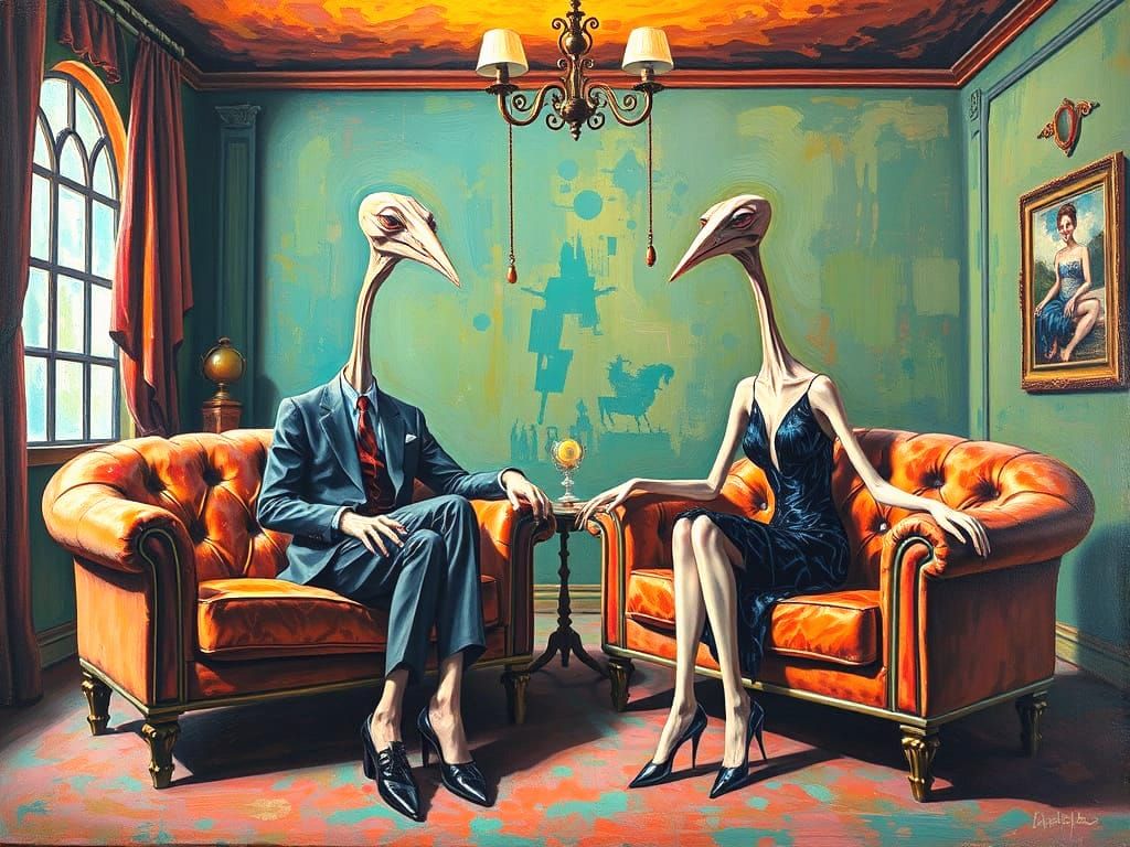 Surreal Oil Painting of Elongated Figures in Art Deco Style