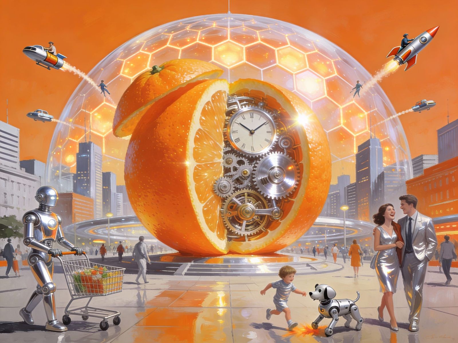 Retro-Futurism City with Clockwork Orange Sculpture