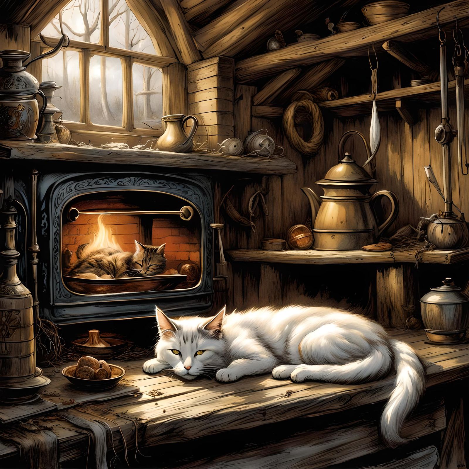 Cat Nap in Old Cabin: Dark Fantasy Illustration