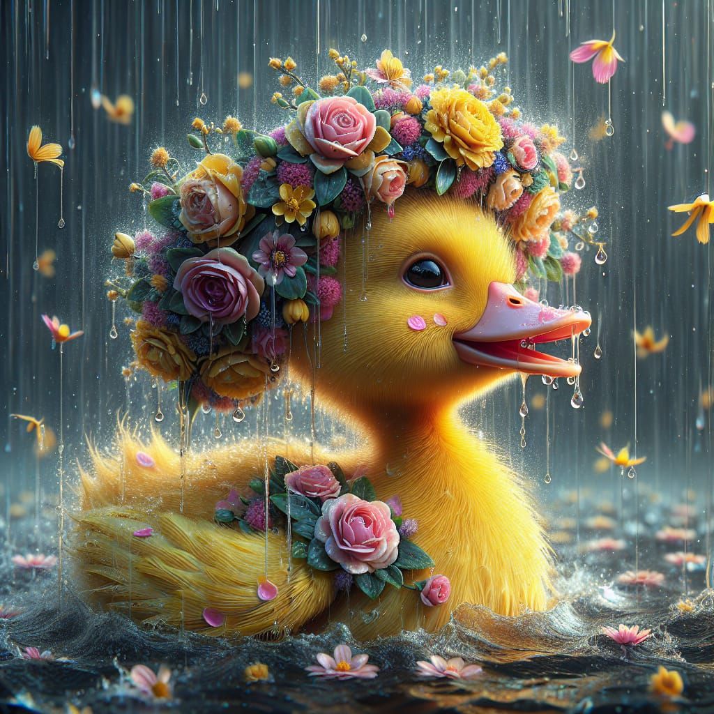 Floral Duckling in Rainy 3D Digital Art