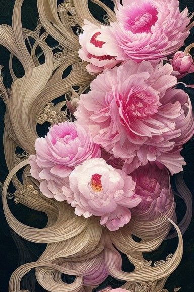 Floral Winds of Cascading Peonies in Ink Illustration