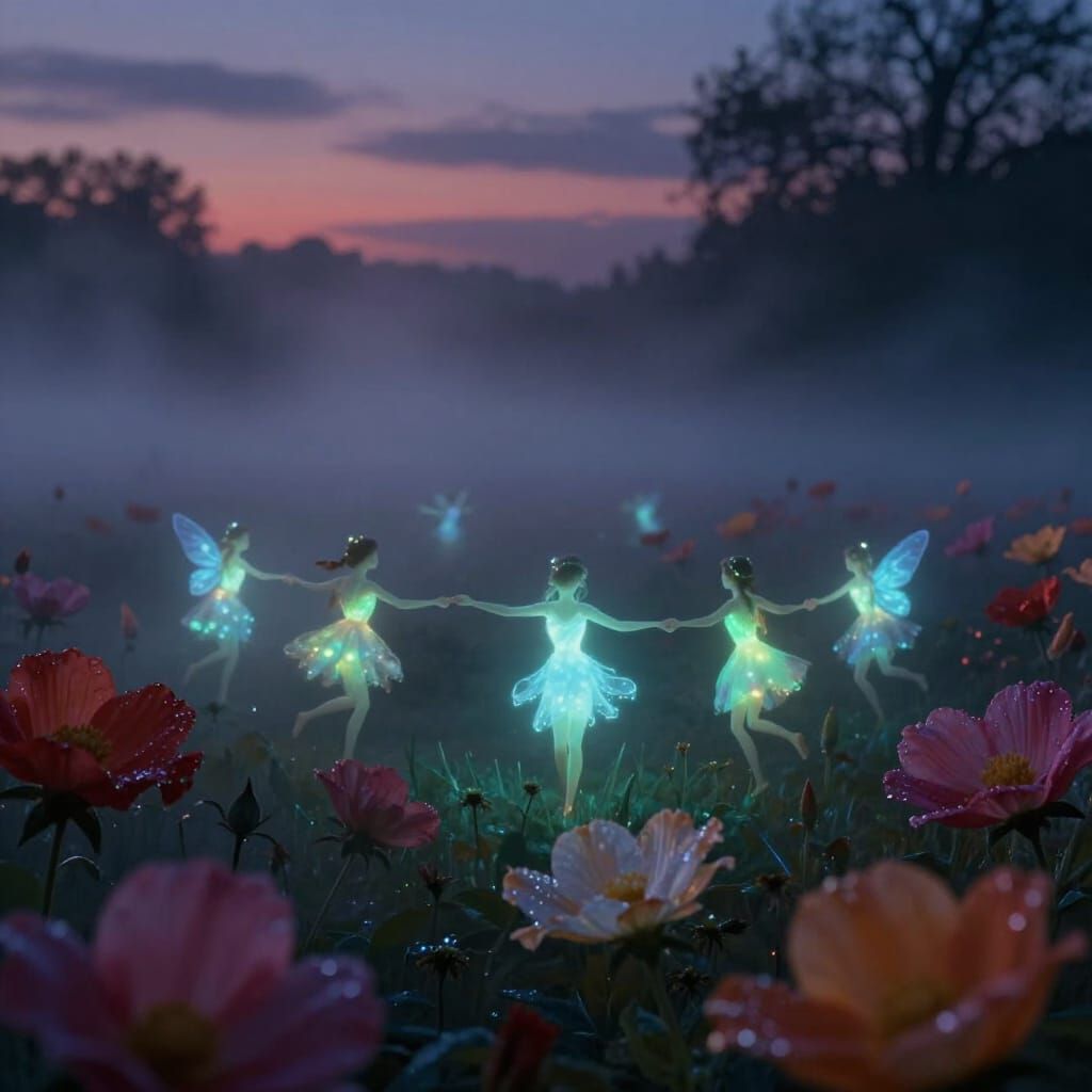 Bioluminescent Fairies Dancing in Foggy Flower Bed