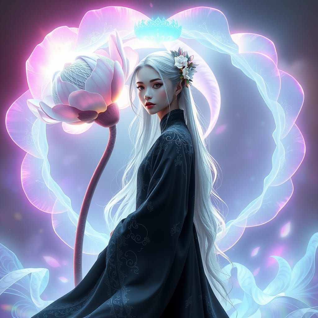 Ethereal Goddess in Luminous Peony Bloom