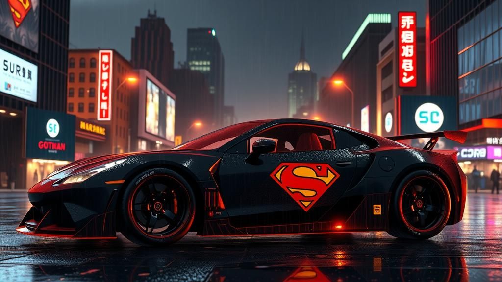 Cyberpunk Supercar in Gotham Cityscape