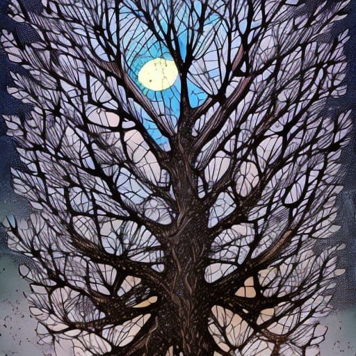 Ancient Tree with Full Moon in Art Nouveau Style