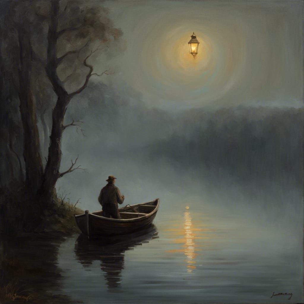 Foggy Rowboat with Lantern, Oil Painting