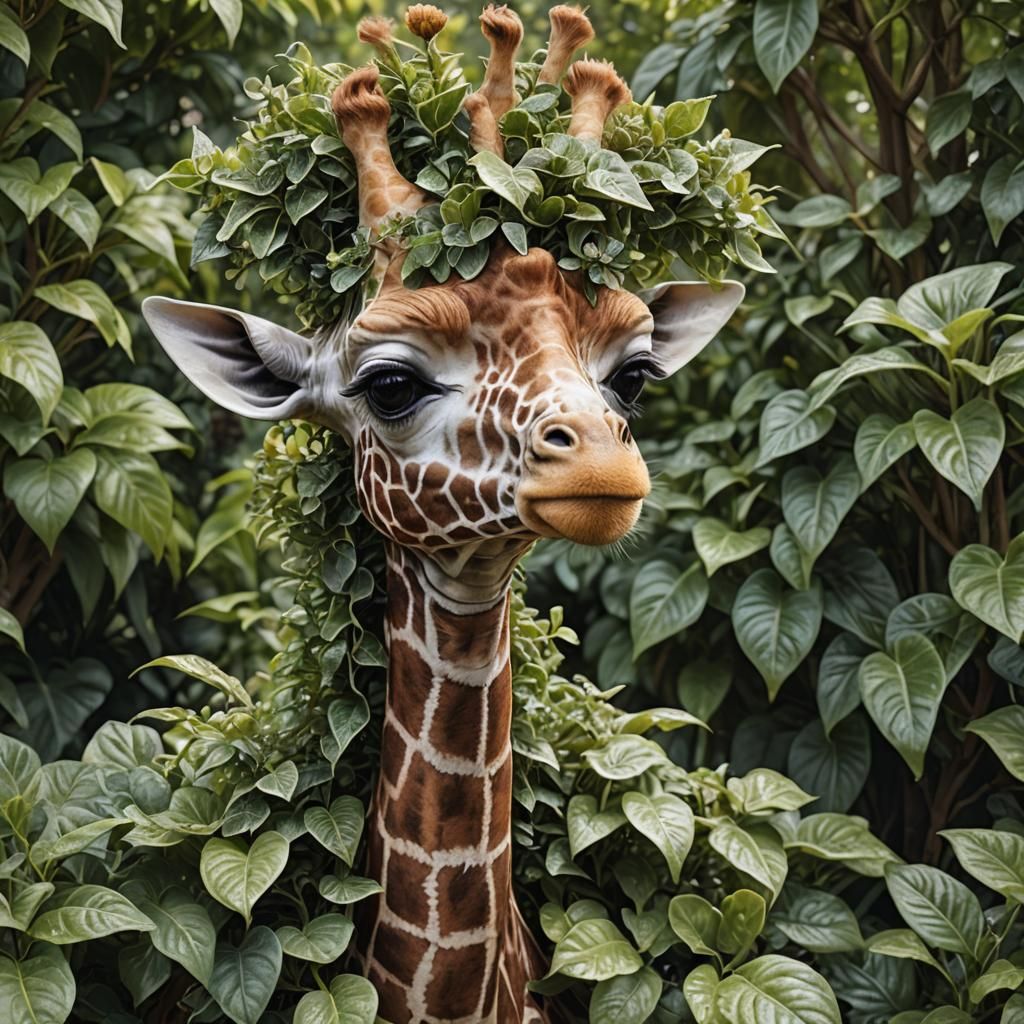 Hyperrealistic Giraffe Topiary in Botanical Art Style