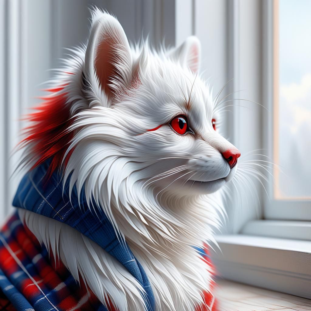 Plaid Furry Creature in White Room: Digital Art