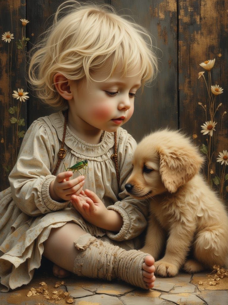 Toddler and Puppy Share Grasshopper in Painterly Style