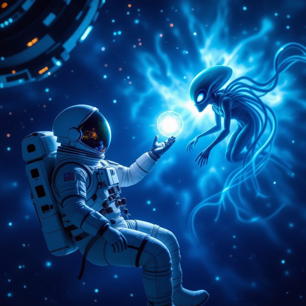 Astronaut Reaches Alien Creature in Cosmic Nebula