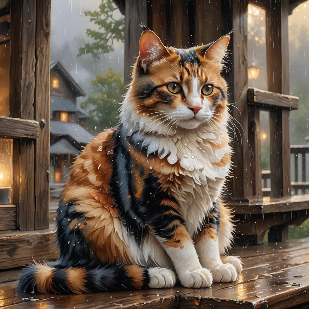 Calico Cat Watching Rain in Ethereal Light