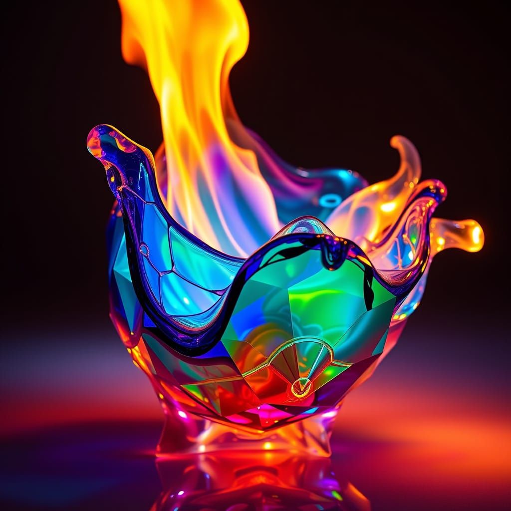 Glass and Crystal Fire Sculpture in Neon Style