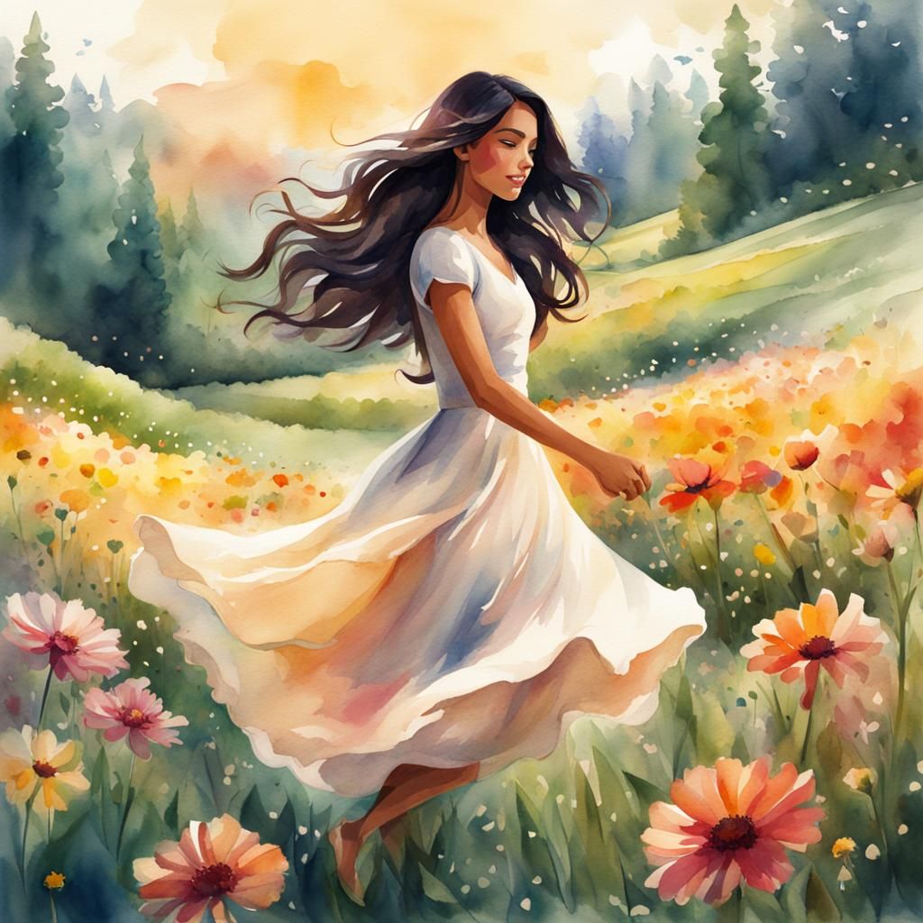 Girl Dancing in Flower Meadow, Watercolor Style