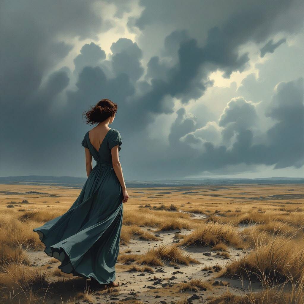 Woman on Windswept Moor Gazing at Stormy Sky