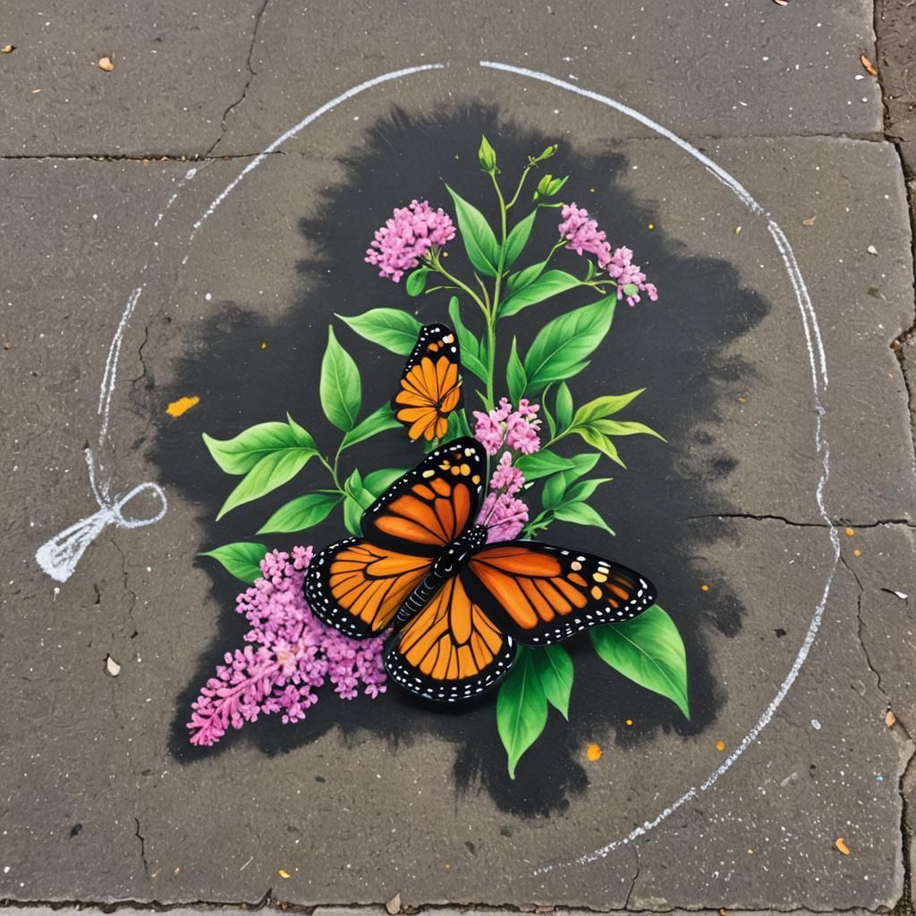 Monarch Butterfly Chalk Art on Pavement