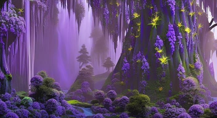 Enchanted Fairy Forest with Waterfall and Nymph